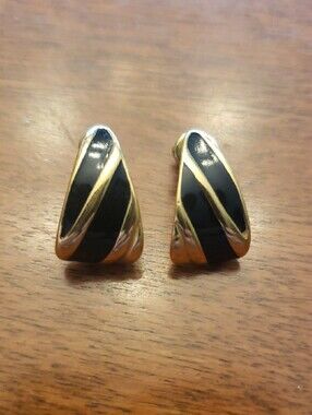 Vtg Monet Gold-Tone Earrings with Black Enamel Accents